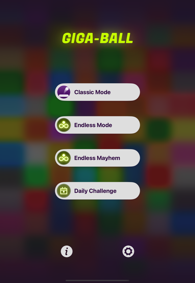 The Giga-Ball main menu, full screen on an iPad