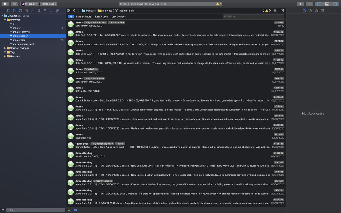 A long list of Giga-Ball commits and build notes in Xcode