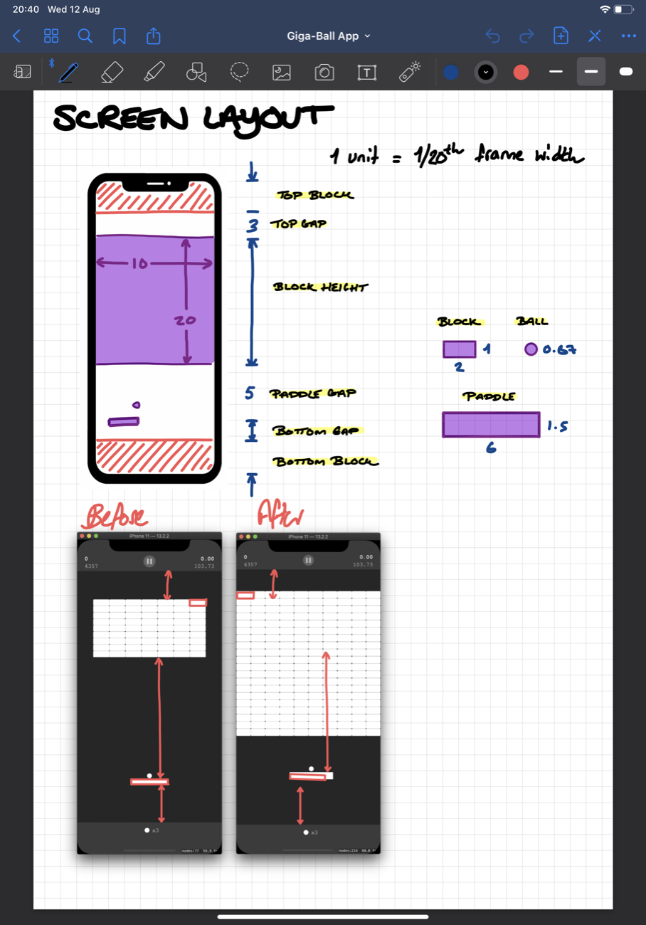 Handwritten notes working out the screen layout in units of frame width