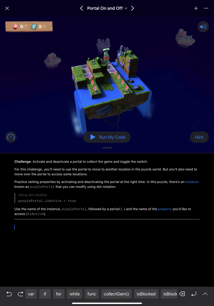 A Swift Playgrounds puzzle open on an iPad, teaching properties and dot notation