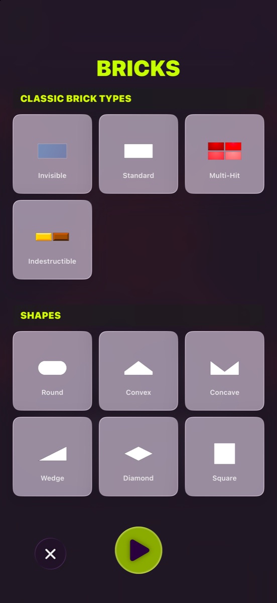 The Bricks reference page, listing the brick types and shapes