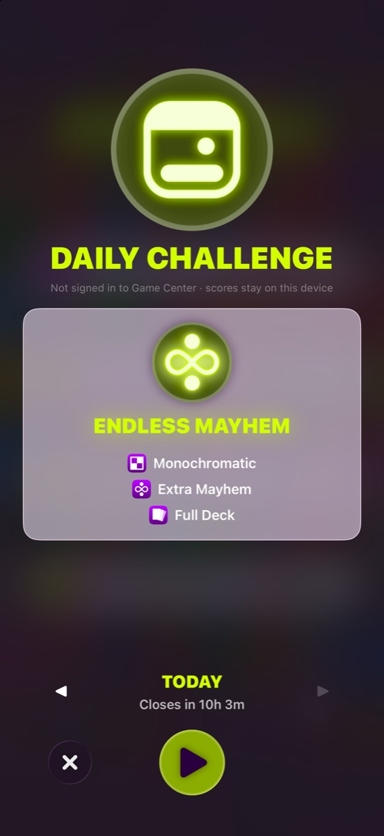 The Daily Challenge, showing the day's mode and twists